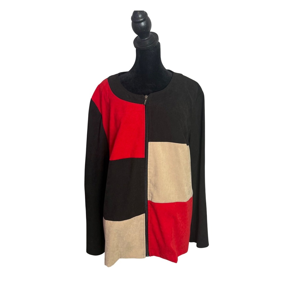 JM Collection Faux Suede Jacket Plus Size 20W Colorblock Retro Mod Artsy Zip